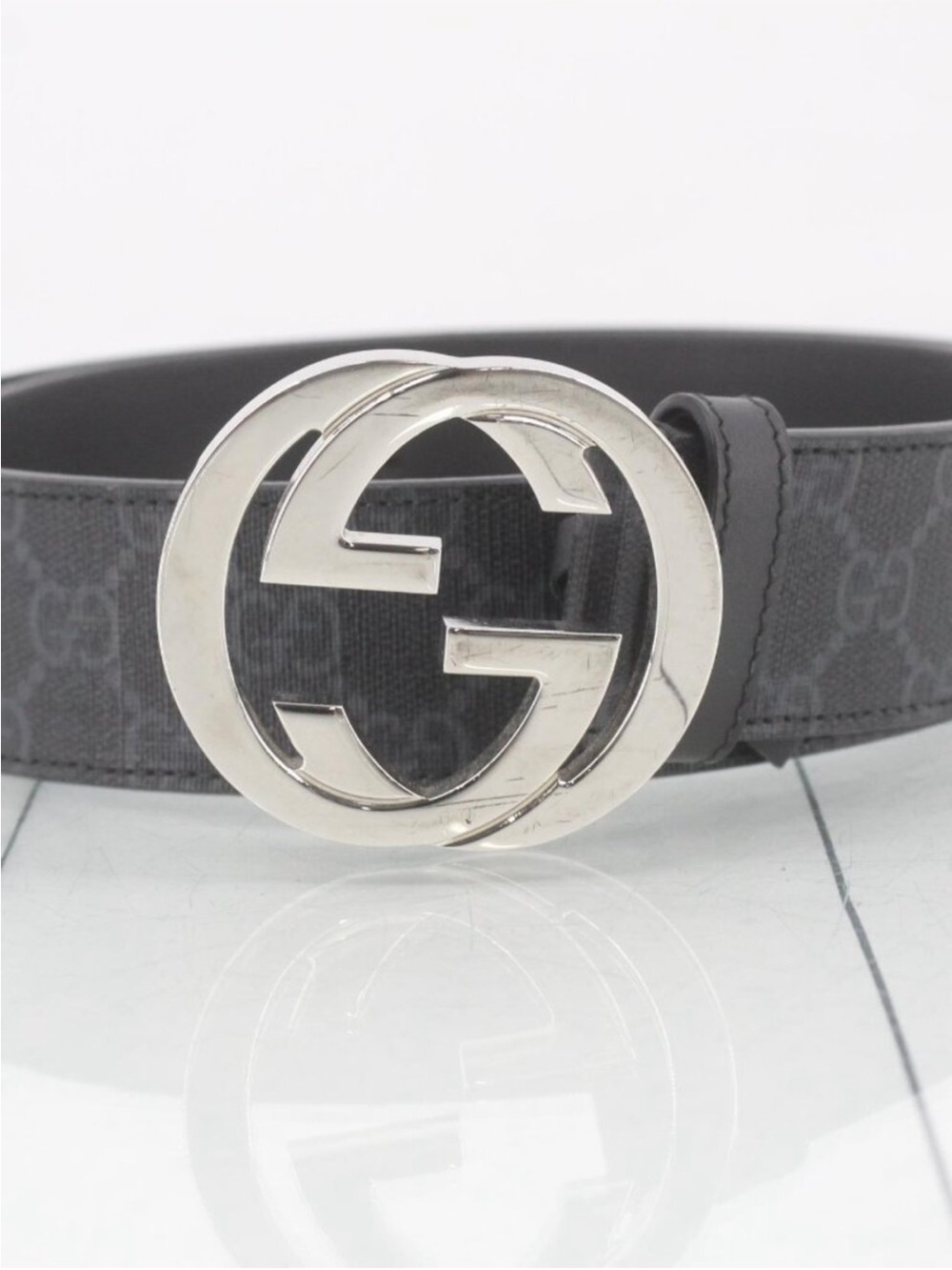 Gucci Black GG Monogram Leather Belt with Silver Interlocking G Buckle